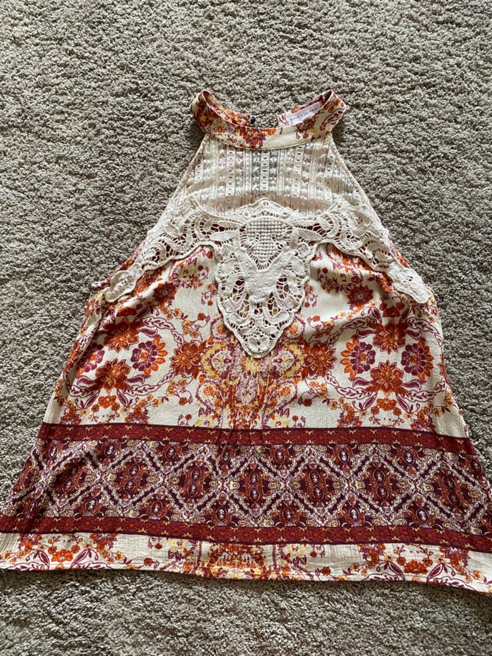 Boho Floral Crochet Halter Tank Top - Cream & Rust